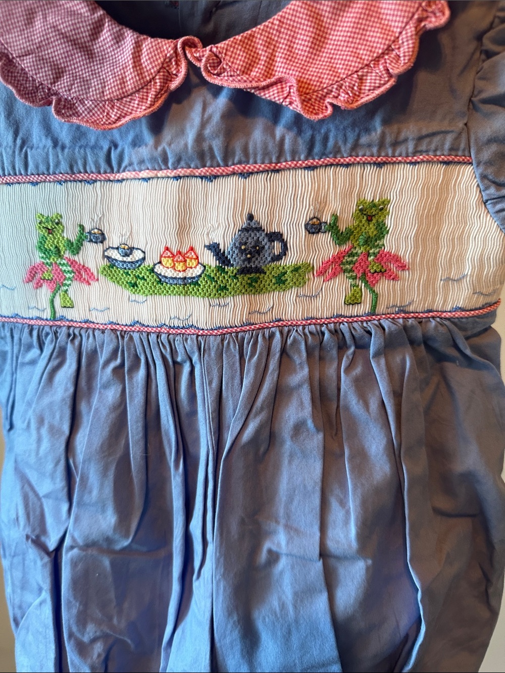 Beaux et Belles Smocked One Piece Kids Size 24M Blue NWT Frog Tea Party Gingham - Picture 4 of 7